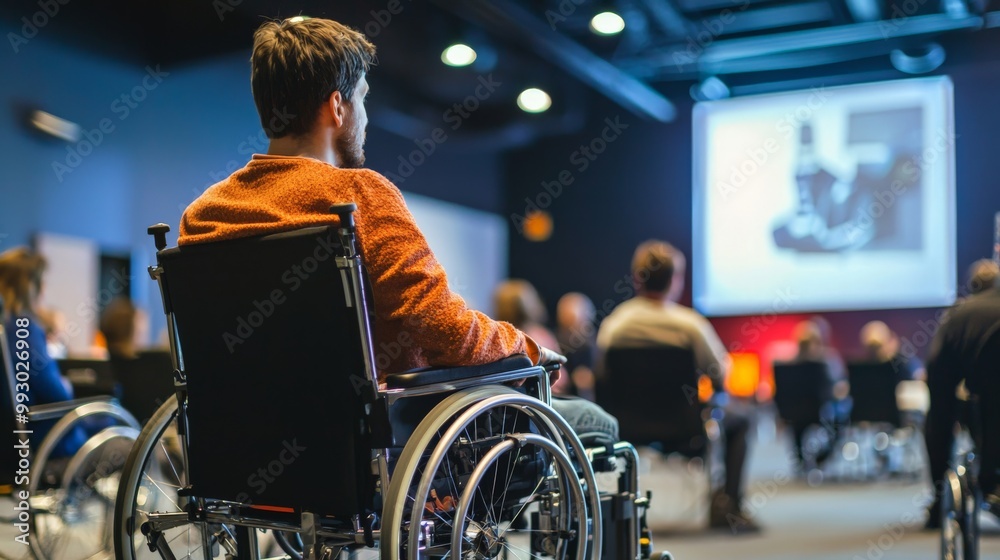Obraz premium A presentation on new disability technology at a tech conference, showcasing advancements