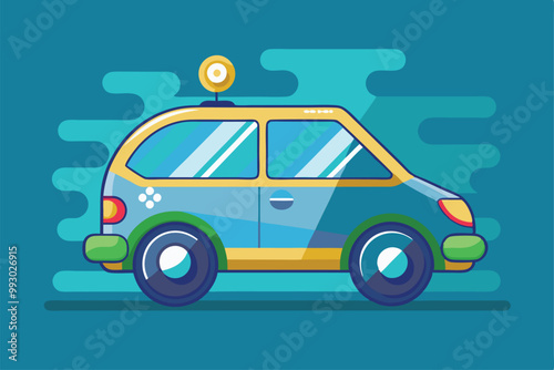 A colorful electric vehicle illustrated in a semi-flat design moves quickly across a lively urban backdrop, Customizable semi flat illustration of an electric car