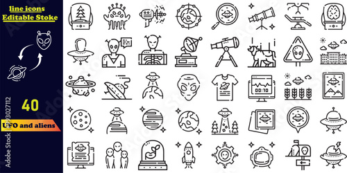 UFO and alien stroke icon collection featuring icons such as alien, spaceship, encounter, invasion, space gun, Martian, creature, Area 51, and more. Outline stroke icon set.