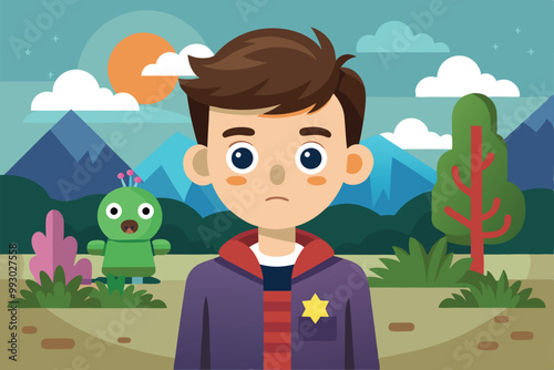 A boy appears thoughtful in a whimsical setting with mountains and a colorful creature nearby, Customizable semi-flat illustration of an imaginary friend.