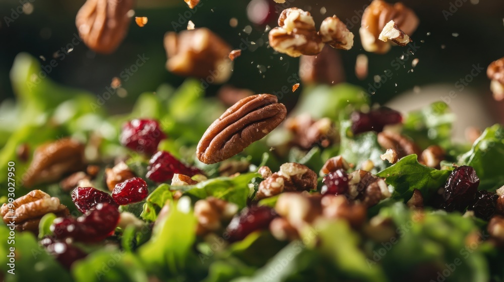 Chopped Nuts and Cranberries Falling on Salad