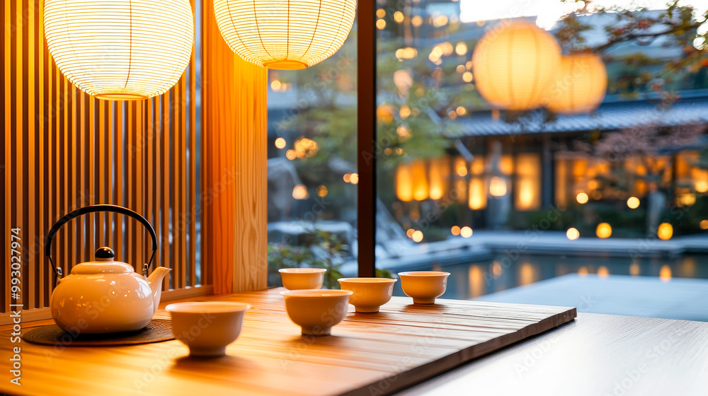 Serene Tea Ceremony: A tranquil scene of a traditional tea ceremony unfolds, showcasing elegant ceramic teaware on a warm wooden table, bathed in the soft glow of Japanese lanterns. Serene Tea Ceremony: A tranquil scene of a traditional tea ceremony unfolds, showcasing elegant ceramic teaware on a warm wooden table, bathed in the soft glow of Japanese lanterns.