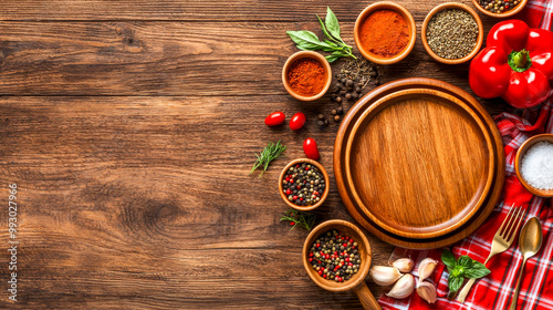 Rustic Kitchen Still Life: A symphony of spices and fresh ingredients arranged on a rich, dark wood table. Empty wooden bowls and plates create a space for culinary creativity.