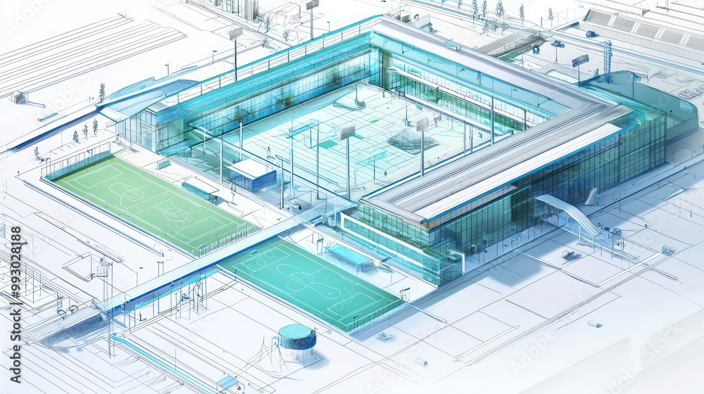 Technical drawing of a high-efficiency sports complex, focusing on athlete training facilities and energy recovery systems Technical drawing of a high-efficiency sports complex, focusing on athlete training facilities and energy recovery systems