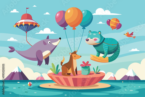 A cheerful scene features animals having fun with colorful balloons on a vibrant island setting, Customizable semi-flat illustrations of farm animals.