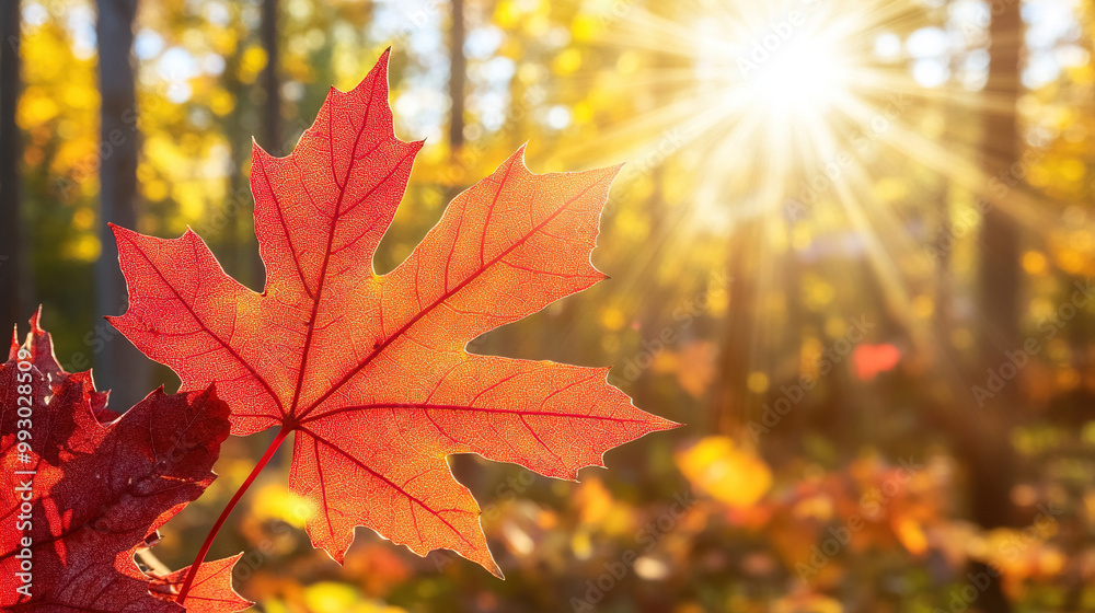 Close-up of vibrant orange-red maple leaves in autumn with soft sunlight filtering through the trees creating a warm and peaceful atmosphere. Close-up of vibrant orange-red maple leaves in autumn with soft sunlight filtering through the trees creating a warm and peaceful atmosphere.