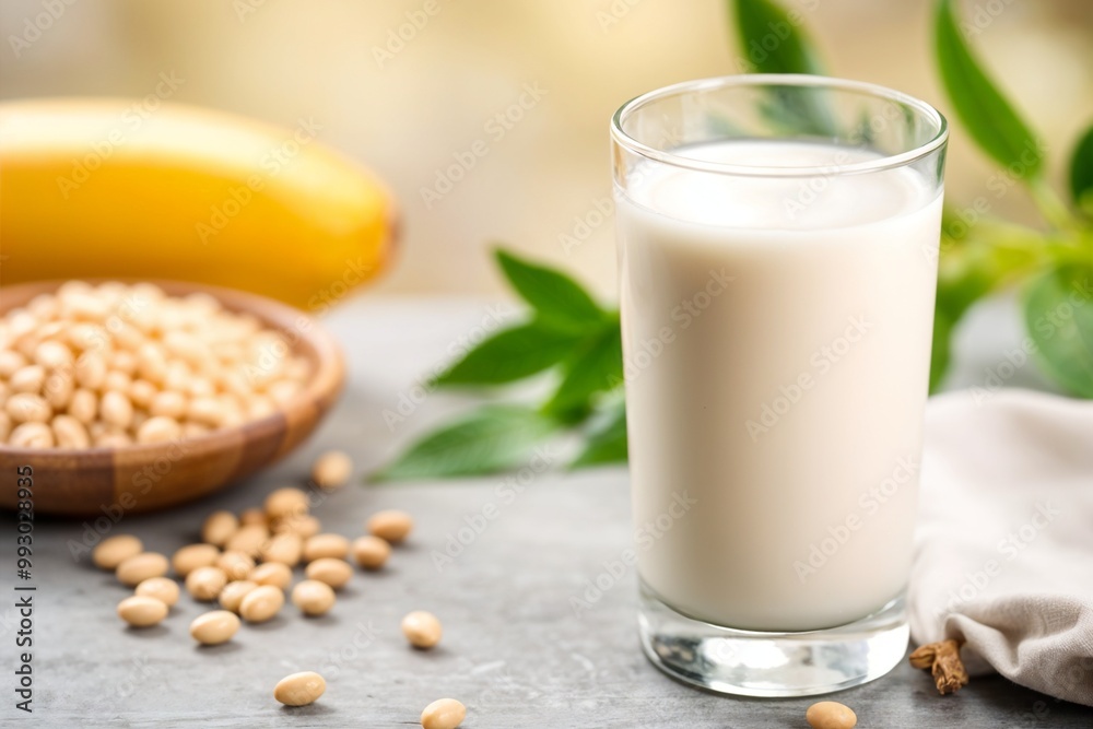 Fresh soy milk in a glass with soybeans and a banana on the side, representing a healthy and nutritious plant-based drink option. Fresh soy milk in a glass with soybeans and a banana on the side, representing a healthy and nutritious plant-based drink option.