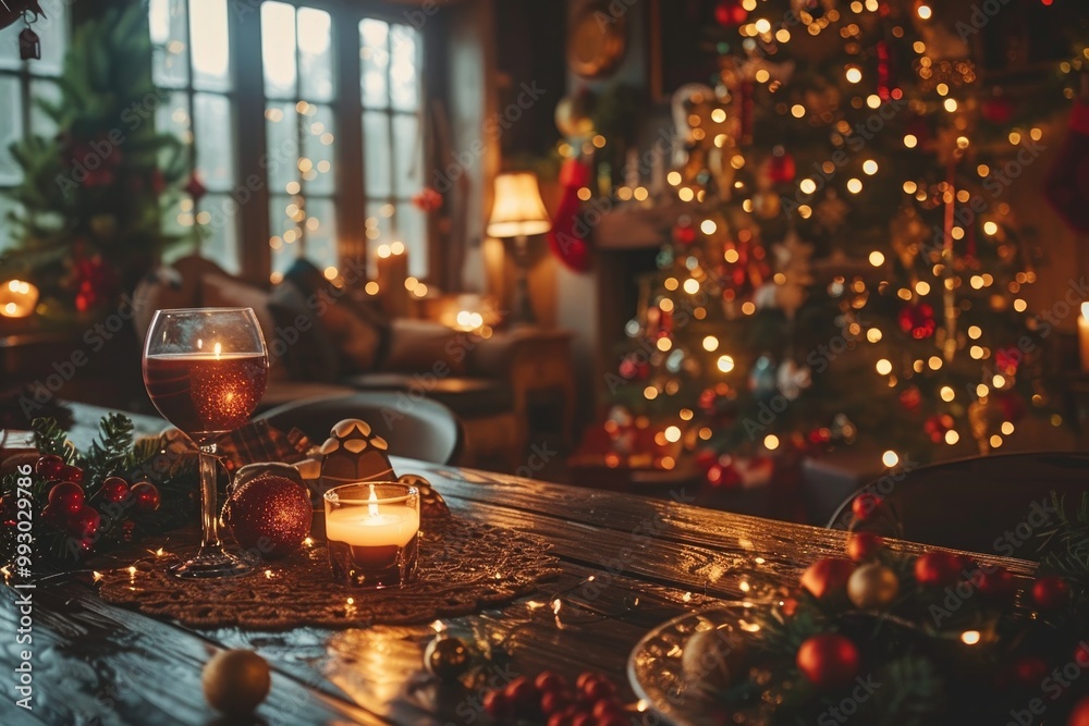 Cozy Christmas Eve: Festive Table Setting with Candle and Wine in Warmly Lit Room