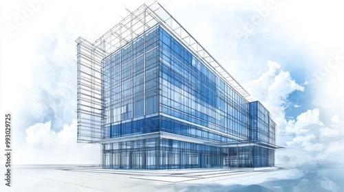 Technical drawing of a high-rise commercial building, emphasizing structural integrity features and advanced materials