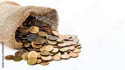 Burlap Sack Filled with Euro Coins Spilling Out photo