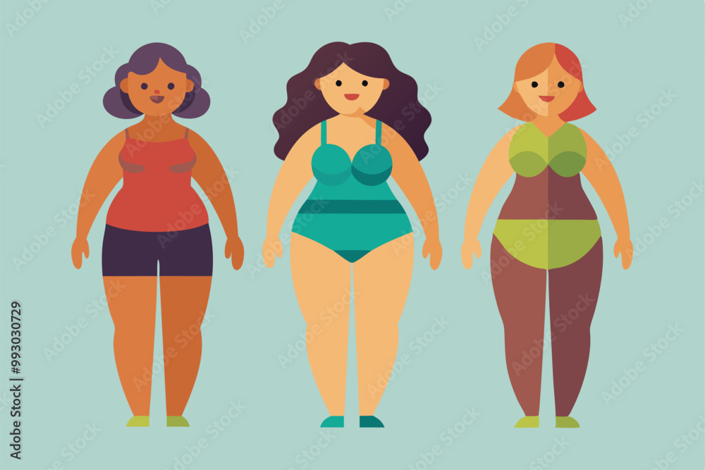 Three distinct female bodies in vibrant outfits highlight diversity in size and shape against a pastel background, Customizable Semi Flat Illustration of Female Body Shapes Three distinct female bodies in vibrant outfits highlight diversity in size and shape against a pastel background, Customizable Semi Flat Illustration of Female Body Shapes