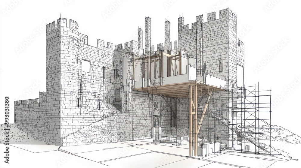Fototapeta premium Technical drawing of a historic castle renovation, including structural reinforcements and preservation techniques