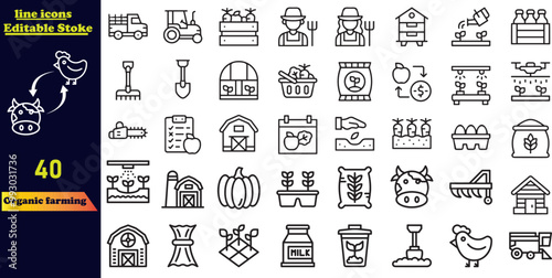 Organic farming icon collection, featuring icons for organic farm products, vegan and bio symbols, and natural farming. Outline stroke icon set.