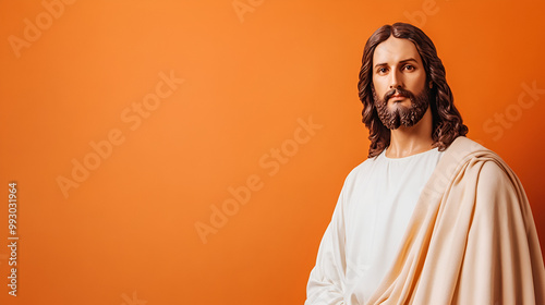 Jesus Christ in front of an orange background with space for your text.