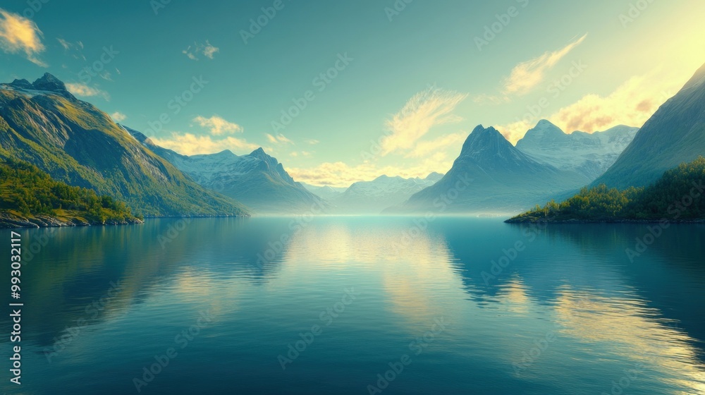 A serene landscape featuring mountains and a calm lake under a clear sky. A serene landscape featuring mountains and a calm lake under a clear sky.
