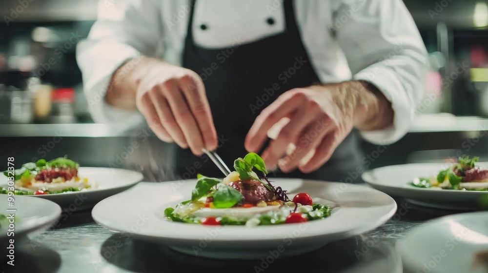Chef's Hands Finishing a Gourmet Salad, Food Photography, Restaurant , Culinary Chef's Hands Finishing a Gourmet Salad, Food Photography, Restaurant , Culinary