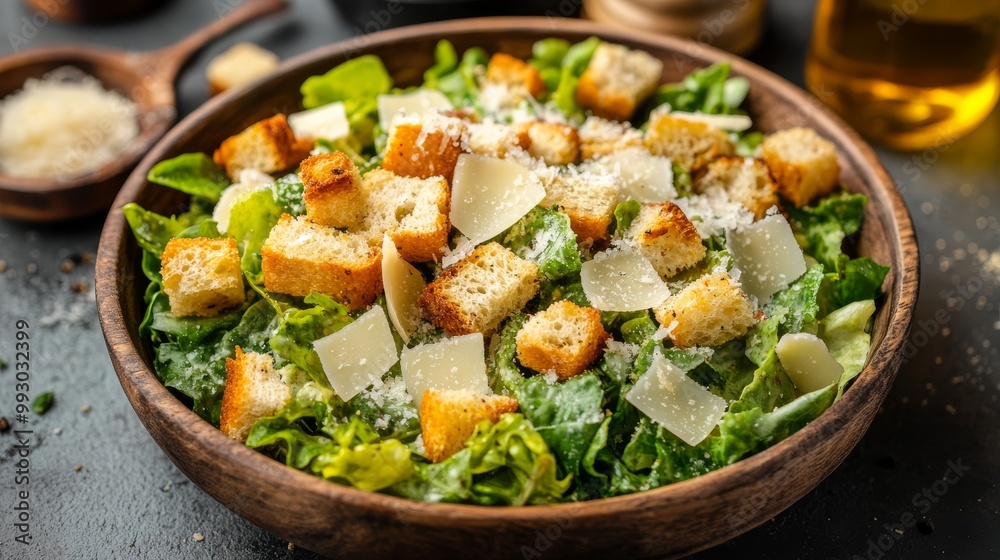 Classic Caesar Salad in Wooden Bowl with Croutons and Parmesan Cheese, salad, recipe Classic Caesar Salad in Wooden Bowl with Croutons and Parmesan Cheese, salad, recipe