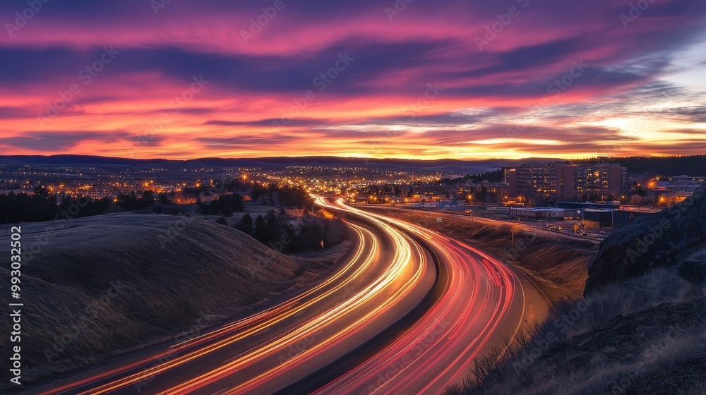 Fototapeta premium Cityscape with Curved Highway and Colorful Sunset, long exposure, night photography, city lights, highway lights, urban landscape, sunset glow