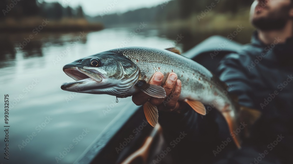 Close-up of a freshly caught fish held by a fisherman in a boat, fishing, lake , trout Close-up of a freshly caught fish held by a fisherman in a boat, fishing, lake , trout
