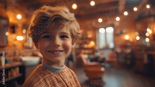 A happy young boy with curly blonde hair smiles while getting a haircut at a barbershop, the barber blurred in the background.