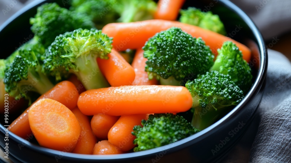 Close-up of Fresh Broccoli and Carrots in a Black Bowl, healthy eating, veggie side dish, healthy food, vegetable side dish, broccoli and carrot recipe Close-up of Fresh Broccoli and Carrots in a Black Bowl, healthy eating, veggie side dish, healthy food, vegetable side dish, broccoli and carrot recipe