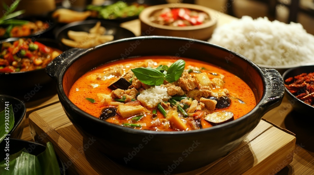 Close-up of Red Curry with Chicken, Vegetables, and Basil in a Black Bowl, Thai Cuisine, Asian Food, Red Curry, Thai Food