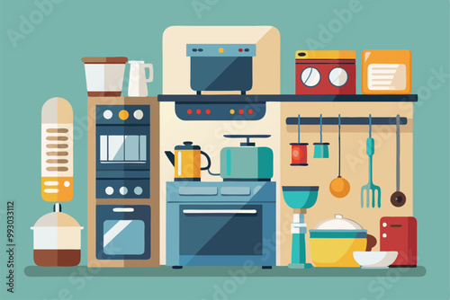 A vibrant kitchen app illustration featuring diverse cooking appliances and utensils for meal preparation, Customizable semi flat illustration of a witch