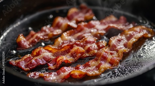 Crispy Bacon in a Pan with Steam, Close-up, Food Photography, Breakfast ,ðŸ¥“ ,ðŸ¥“