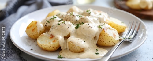 Creamy Potato Dish with Herbs and Pepper, potato, cream sauce photo