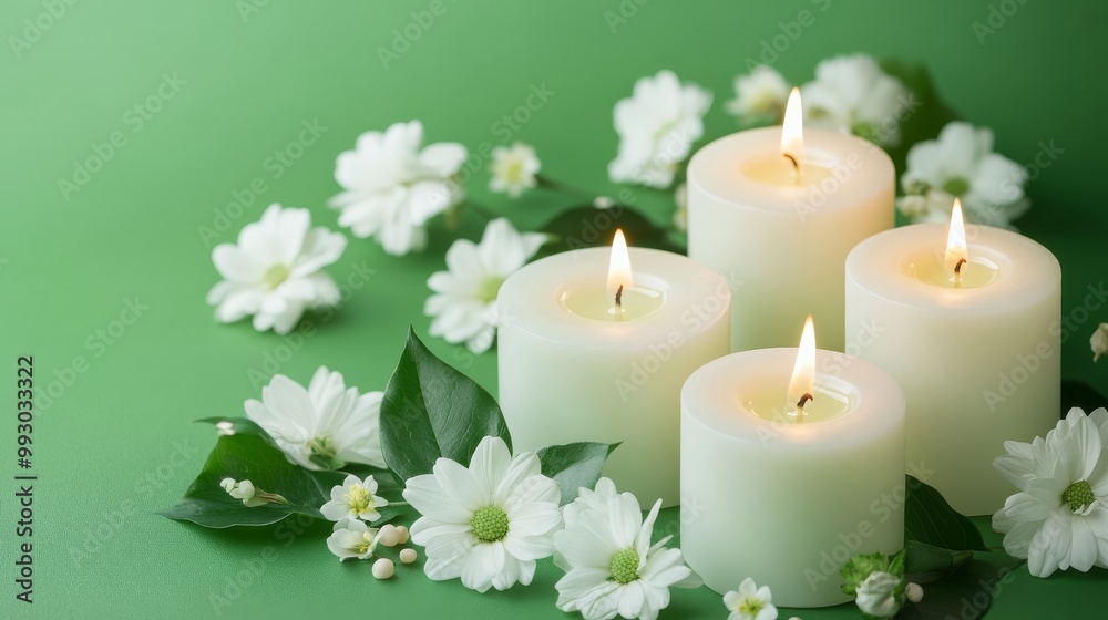 Four Burning Candles Surrounded by White Daisies and Green Leaves, Green Background, Spa, Relaxation, Meditation, Candlelight, Flowers Four Burning Candles Surrounded by White Daisies and Green Leaves, Green Background, Spa, Relaxation, Meditation, Candlelight, Flowers