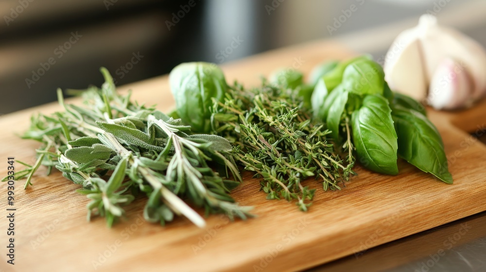 Fresh Herbs on Wooden Cutting Board, Culinary, Herbs Fresh Herbs on Wooden Cutting Board, Culinary, Herbs