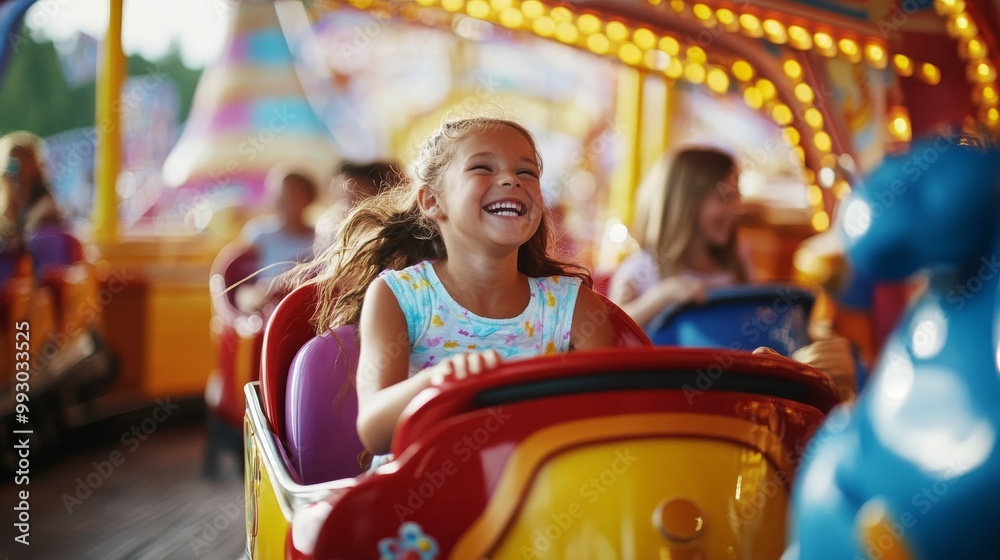 Girl laughing on a carousel ride, amusement park, fun fair, joy, happiness, carnival ,kid Girl laughing on a carousel ride, amusement park, fun fair, joy, happiness, carnival ,kid