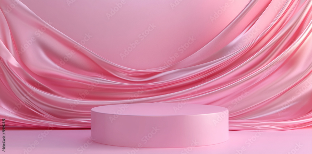 pink podium is set against backdrop of flowing pink satin fabric, creating serene and elegant atmosphere perfect for showcasing products or art pink podium is set against backdrop of flowing pink satin fabric, creating serene and elegant atmosphere perfect for showcasing products or art