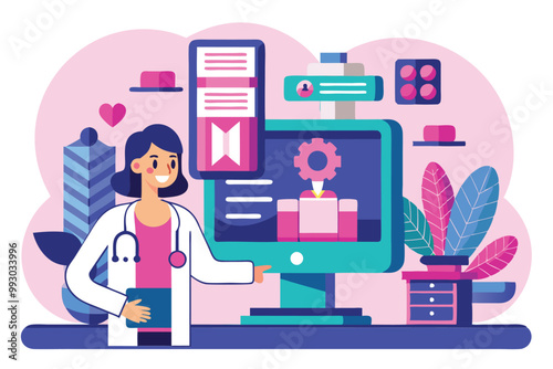 A doctor explains mammography technology using a computer, highlighting its importance in healthcare, Customizable semi-flat illustration of mammography.