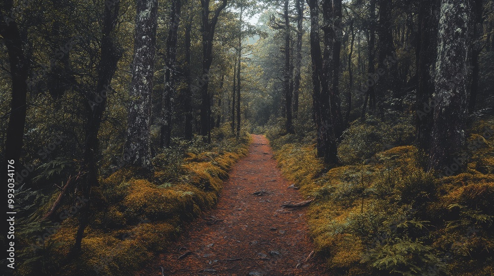 Obraz premium Into the Woods A Path Through Tall Trees and Golden Foliage, forest path, nature photography