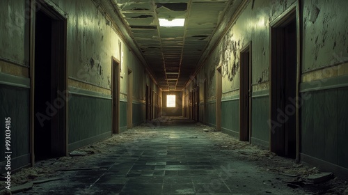 Light at the End of the Hallway Abandoned Building, Dilapidated Interior, Eerie Atmosphere, Abandoned Building, Haunted