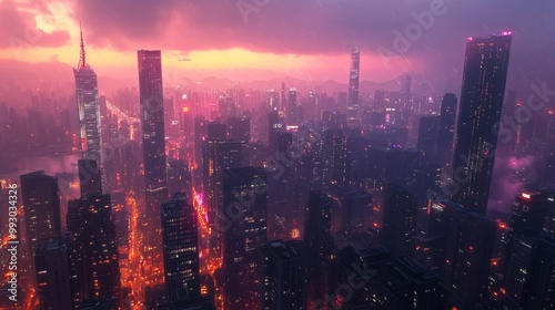 Neon Cityscape Under Pink Sky, Cyberpunk , Futuristic City