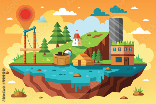 A vibrant depiction of a peaceful natural environment featuring buildings, trees, and water activities, Customizable Semi Flat Illustration of Natural Resource Depletion