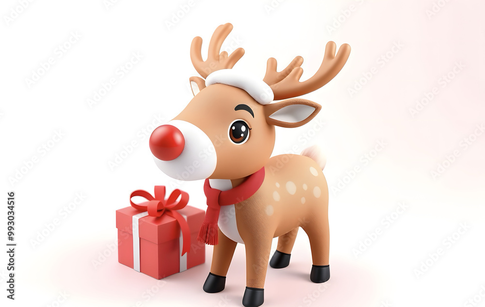 Obraz premium Adorable Christmas deer holiday hero 3D icon in minimalist style, cute design, solid background, red and white gradient, high quality, detailed and expressive model.