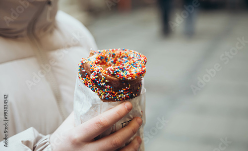 Trdelnik traditional Czech hot sweet pastry food close up, outdoors, copy space. photo