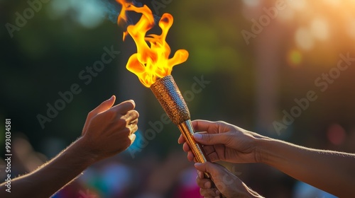 Passing the Torch, Close-up of Hands Holding a Burning Torch, Event, Ceremony, Olympic Games, Torch Relay, Olympics