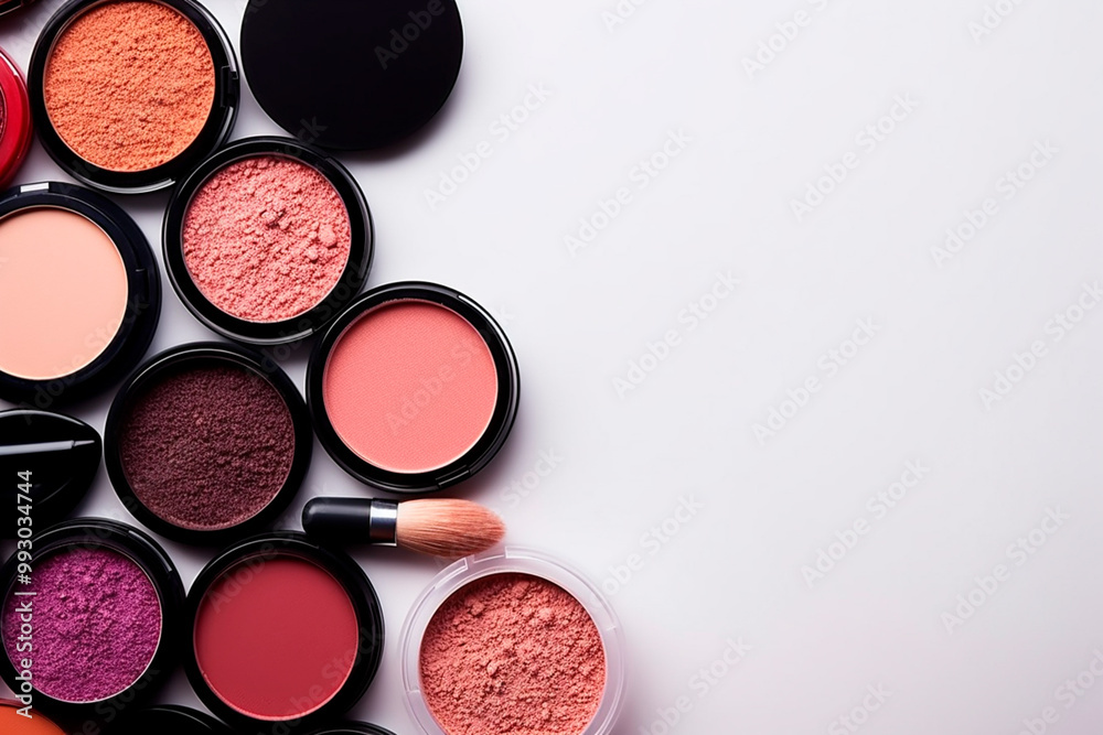 Professional makeup area with various shades for testing on all skin types, including primers and eyeshadow Professional makeup area with various shades for testing on all skin types, including primers and eyeshadow