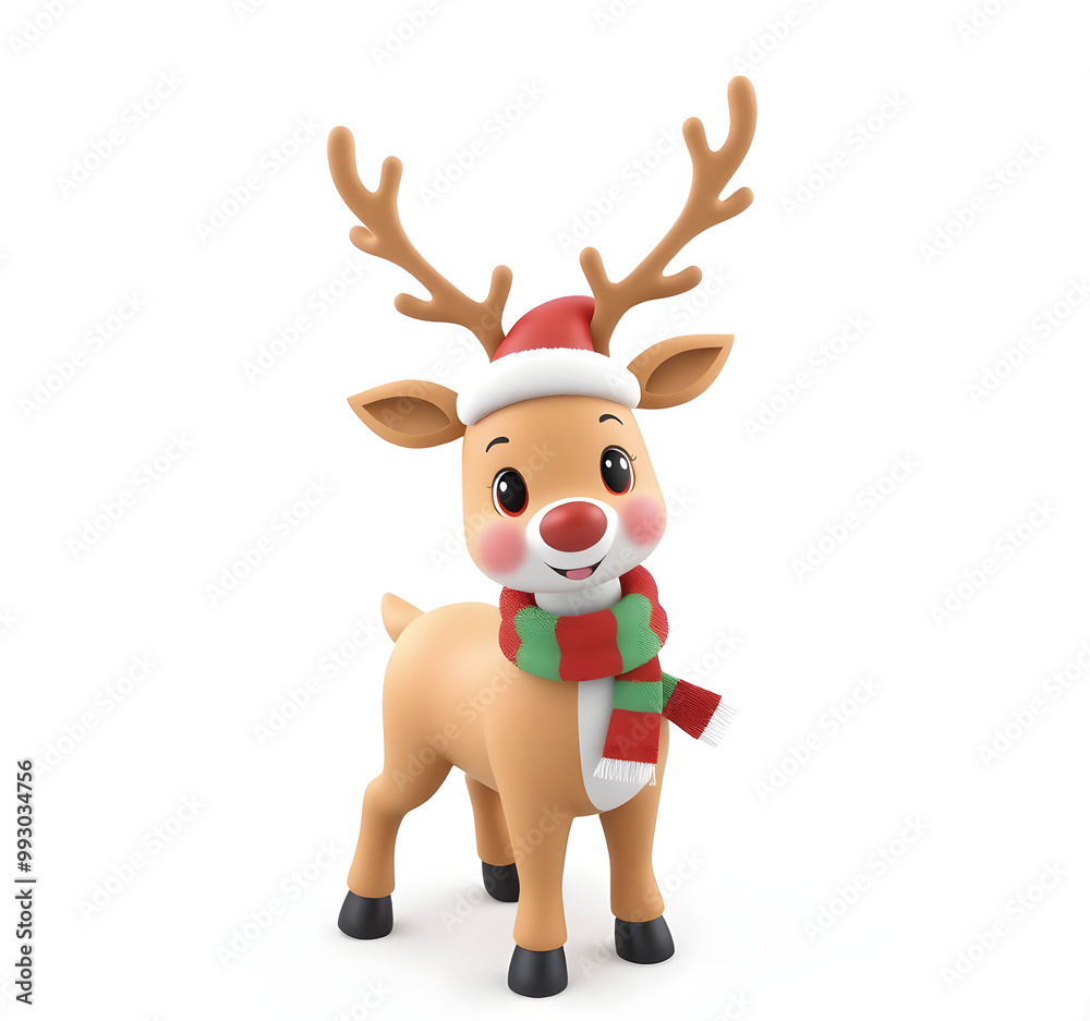 Adorable Christmas deer holiday hero 3D icon in minimalist style, cute design, solid background, red and white gradient, high quality, detailed and expressive model.