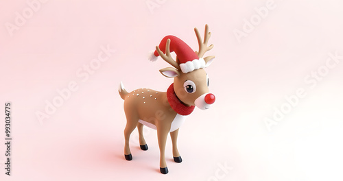 Adorable Christmas deer holiday hero 3D icon in minimalist style, cute design, solid background, red and white gradient, high quality, detailed and expressive model.