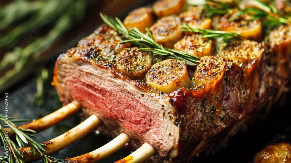 Rosemary and Garlic Roasted Rack of Lamb, Food Photography, Closeup , Lamb, Roast Rosemary and Garlic Roasted Rack of Lamb, Food Photography, Closeup , Lamb, Roast
