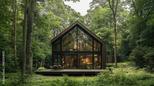 Stylish forest cabin with large windows showcasing a lush, green woodland setting