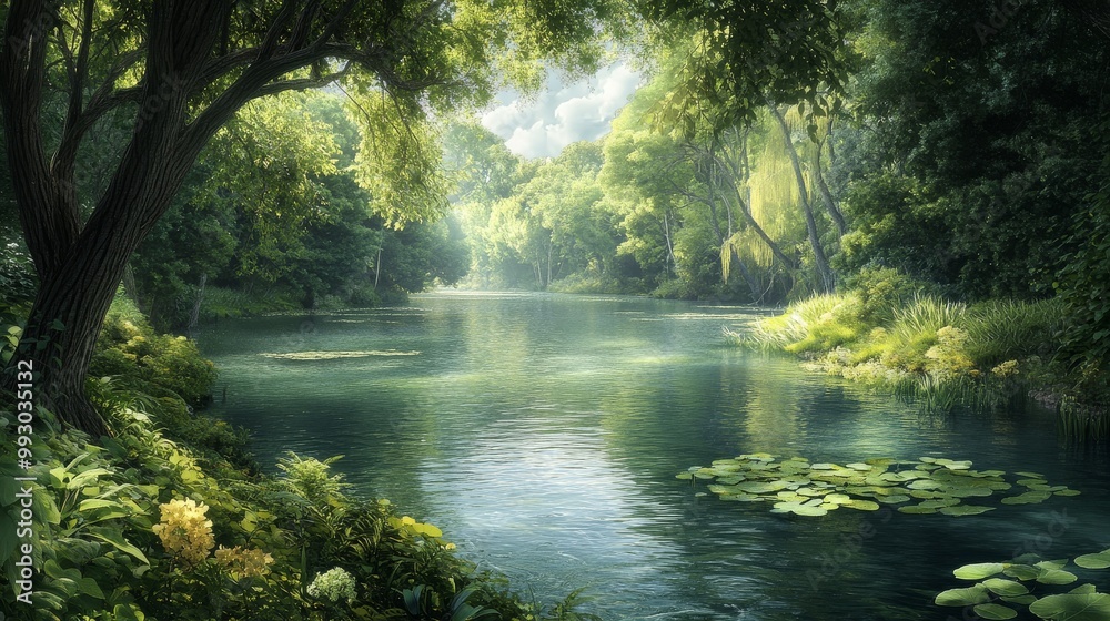 Obraz premium Serene River Through Lush Forest with Sunlight Dappled Water, Nature, Landscape , Nature Photography