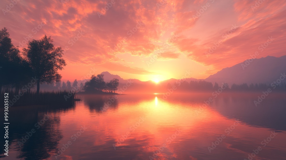 Silhouetted Trees Reflecting in a Misty Lake at Sunset, nature , landscape Silhouetted Trees Reflecting in a Misty Lake at Sunset, nature , landscape