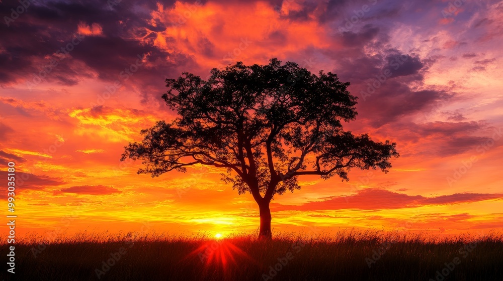 Silhouette of a tree against a fiery sunset with sun rays, nature , landscape Silhouette of a tree against a fiery sunset with sun rays, nature , landscape