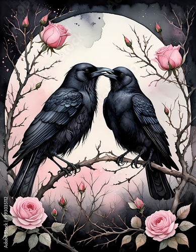 A dark athmospheric with two black crows perched on thorny, barren branches, surrounded by delicate pink roses, watercolor art photo